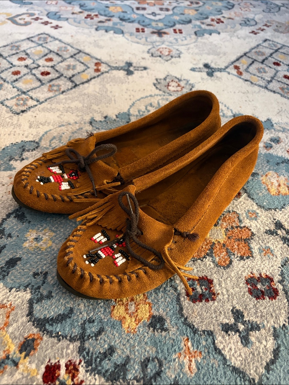 Minnetonka Brown Suede Beaded Moccasins